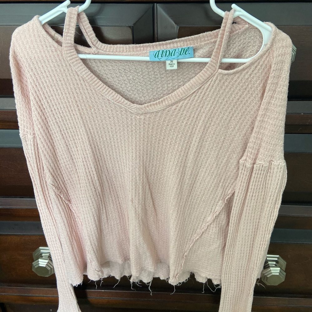 Francesca’s Baby Pink Waffle Knit Long Sleeve